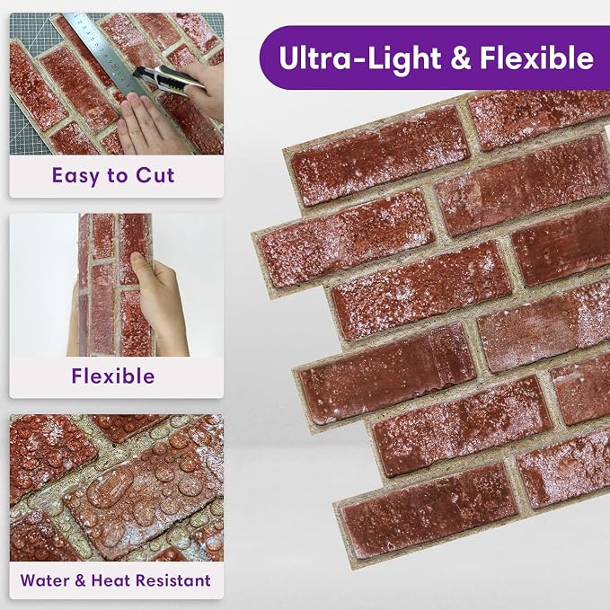 3D Peel and Stick Faux Brick Wall Panels 11.8" x 11.8" 10-Pack | Red Orange, Small Brick-Look Textured Sticker, Thin Lightweight PVC Self Adhesive Tiles for Interior Decor, Cover 9.7 sq ft - Image 5