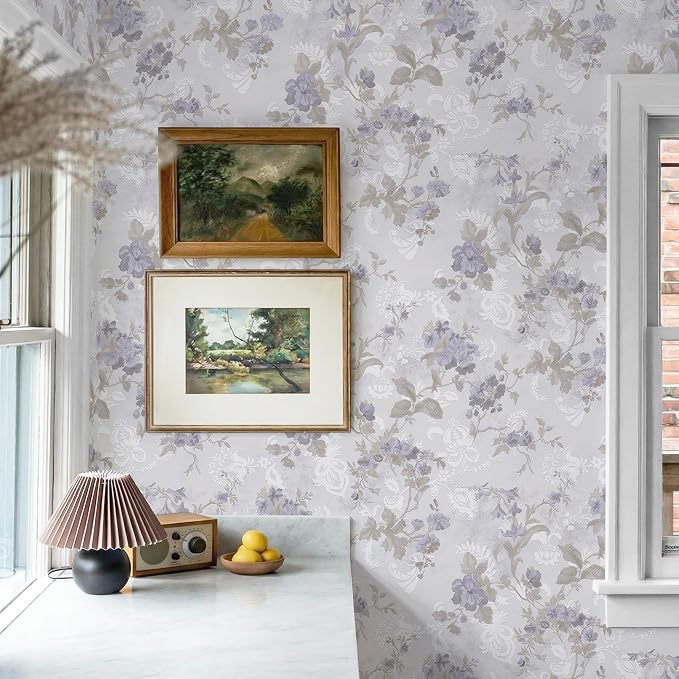 Ismoon Vintage Wallpaper Floral Peel and Stick Wallpaper 17.3in x32.8ft Gray Country Retro Flower Wall Paper Texture Removable Stick on Wall Paper for Bathroom Cabinets Countertops Self-Adhesive Vinyl - Image 2