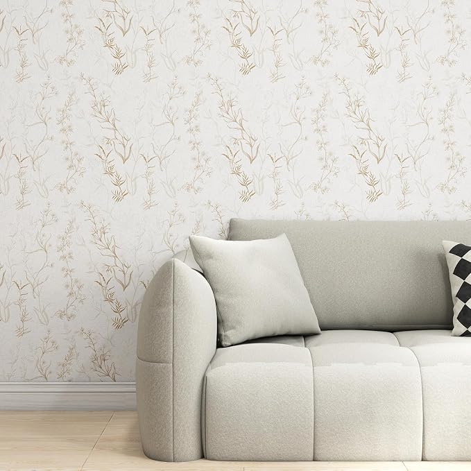 Timeet Botanical Floral Peel and Stick Wallpaper Beige Wildflower Self Adhesive Wall Paper Removable Plant Vine Wallpaper Contact Paper for Living Room Bedroom Accent Decor 17.7" x 78.7" - Image 4
