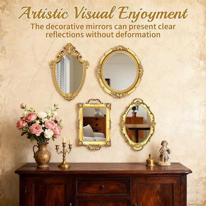 4 PCS Vintage Gold Mirror Set Vintage Mirrors for Wall Antique Shield Shape Square Oval Decorative Mirror Jewelry Dresser Organizer Tray for Living Room Bedroom Wedding Desktop Photography Decoration - Image 6