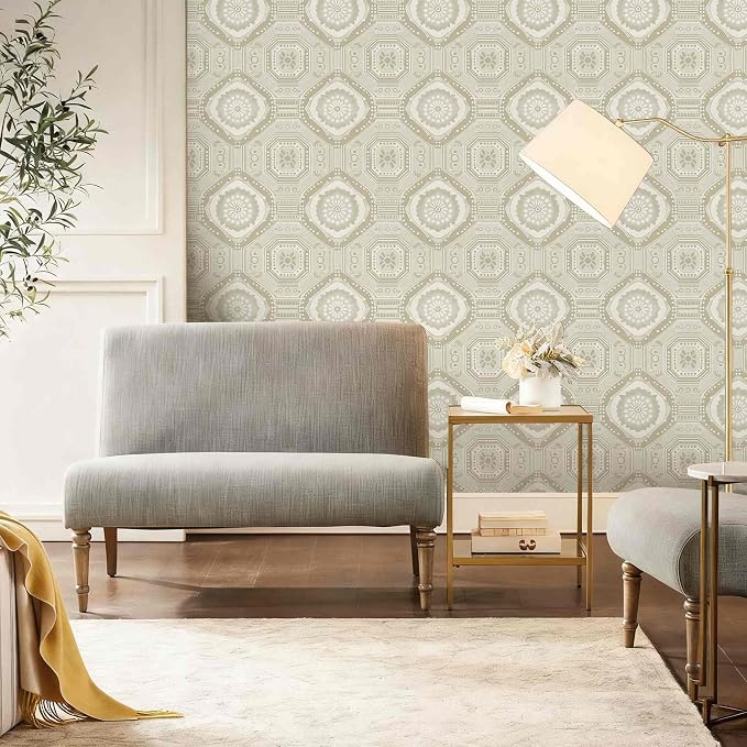 Neutral Vintage Wallpaper Tile Botanical Peel and Stick Wallpaper | Beige geometric floral tile seamless print, Removable waterproof vinyl wall covering, bedroom accent wall decor - Image 2