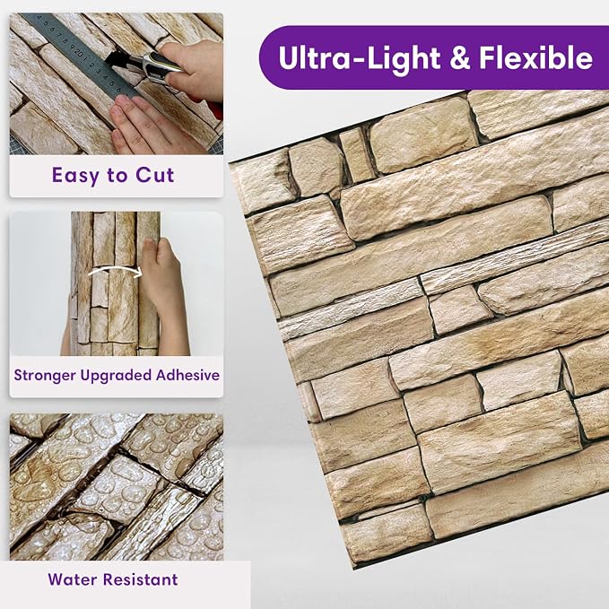 3D Faux Stone Wall Panels Peel and Stick, Designed for Quick DIY | Light Brown, 10 Pcs 11.8" x 11.8", Stone-Look, Ultra-Light PVC Fake Stone Covering Tiles for Wall Renovation, Cover 9.7 sq ft - Image 4