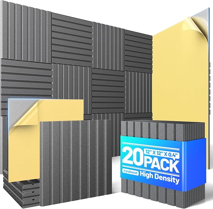 20 Pack Sound Proof Foam Panels for Walls, Acoustic Panels Self-Adhesive | 12" X 12" X 0.4" Slatted Soundproof Wall Panel, High Density Sound Absorbing Panel for Gaming Recording Studio Decor-Black by Unknown