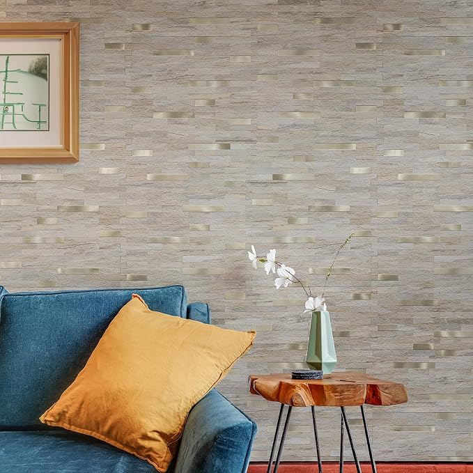 StyloVue 2 Sheets Kitchen Peel and Stick Backsplash Tiles, Beige with Metal Gold Look Stick on Backsplash for Kitchen, RV, Fireplace - Image 6