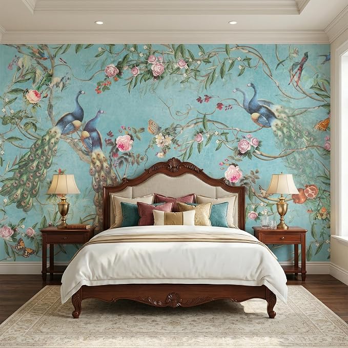 MFWFM Chinoiserie Peel and Stick Wallpaper Blue Peacock Wall Murals | 157"x110", for Bedroom Living Room Bathroom, Self Adhesive Canvas by MFWFM