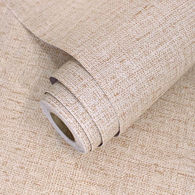 Beige Grasscloth Peel and Stick Wallpaper Textured 15.7in x 157.4in | Faux Linen Wallpaper Peel and Stick Vintage Grasscloth Contact Paper Self Adhesive Removable Contact Paper for Bedroom Vinyl by lenify