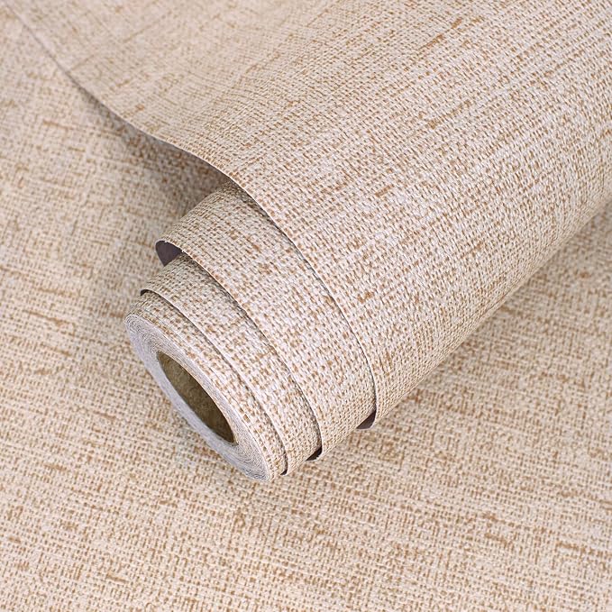 Beige Grasscloth Peel and Stick Wallpaper Textured 15.7in x 118.1in | Faux Linen Wallpaper Peel and Stick Vintage Grasscloth Contact Paper Self Adhesive Removable Contact Paper for Bedroom Vinyl by lenify