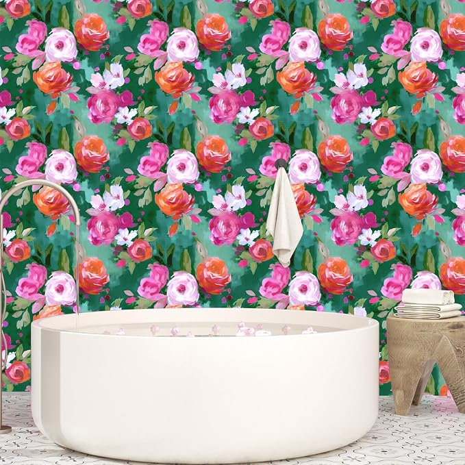 BOKEBEVE Floral Wallpaper Peel and Stick Boho Bright Green 17.5 x 118In | Removable Self Adhesive Renter Friendly Colorful Watercolor Wall Paper for Bedroom Bathroom Living Room Accent Wall - Image 6