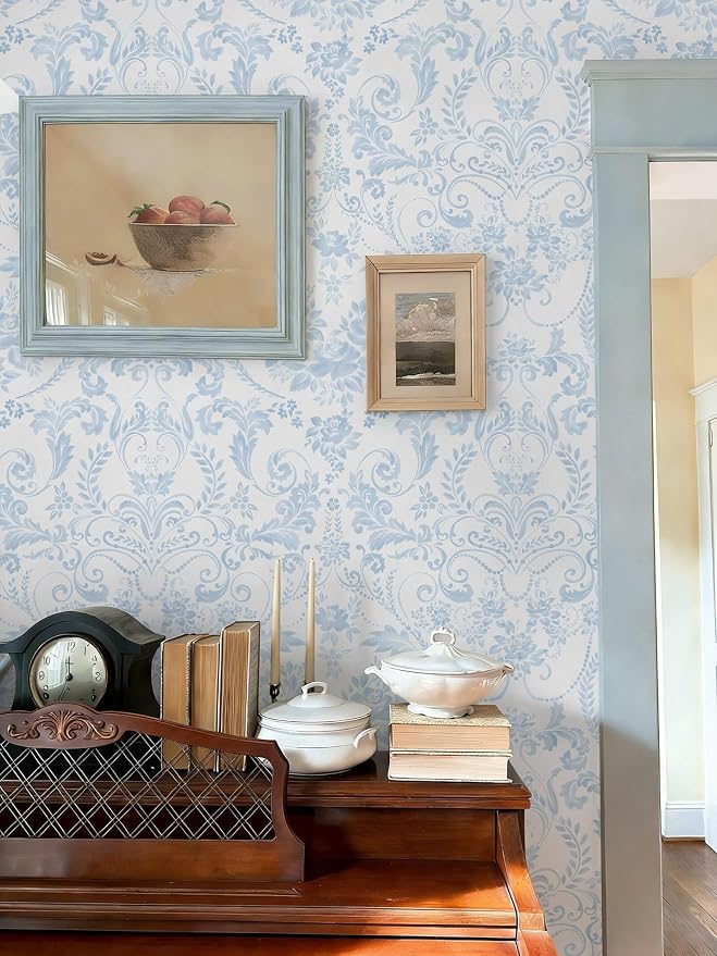 Peel and Stick Wallpaper for Bedroom Blue and White Damask Waterproof | 196"×17.3" Blue Modern Damask Watercolor Wallpaper Vintage Accent Wall Decor with Grid Lines for Bathroom Self-adhesive - Image 9