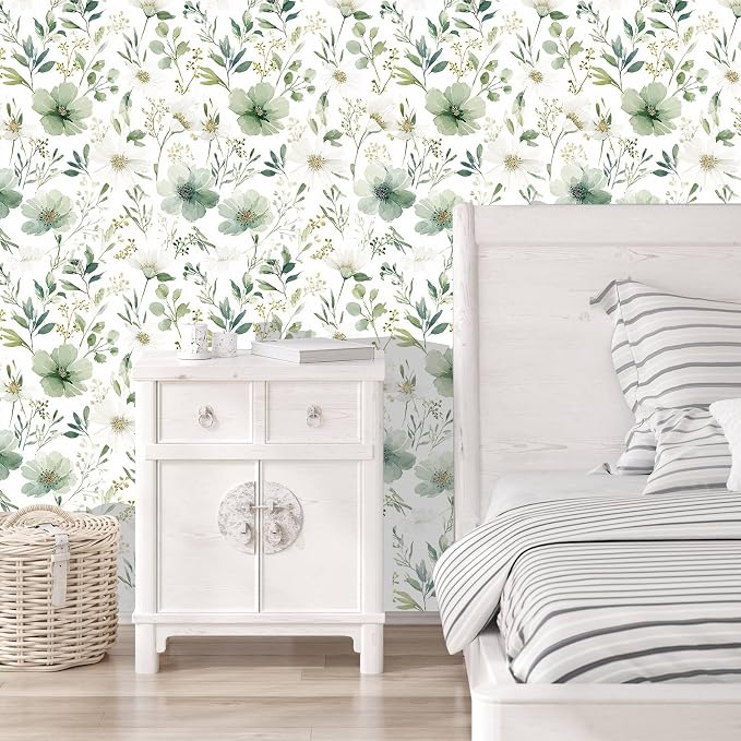 Sage Green Floral Peel and Stick Wallpaper 17.7" x 393.7" | Thick removable watercolor natural flower design for renters and bedroom accent walls - Image 5