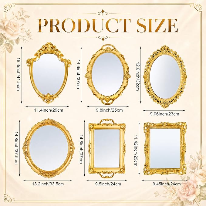Beeveer 6 Pcs Vintage Gold Wall Mirror Set Luxury Gallery Wall Mirror Decorative Hanging Antique Decor for Living Room Entryway Wedding Bedroom Bathroom Victorian Decor (Classic,Gold) - Image 2