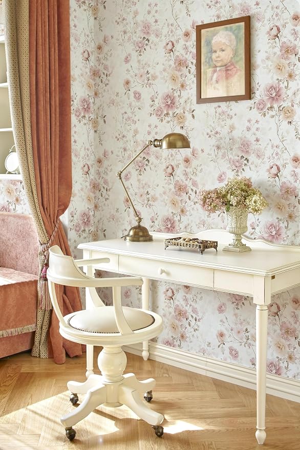 Pink Floral Peel and Stick Wallpaper Rose for Bedroom 17in×118in | Vintage Floral Contact Paper Pink Flower Removable Wallpaper Self Adhesive Waterproof for Bathroom Cabinets Nursery Vinyl - Image 7