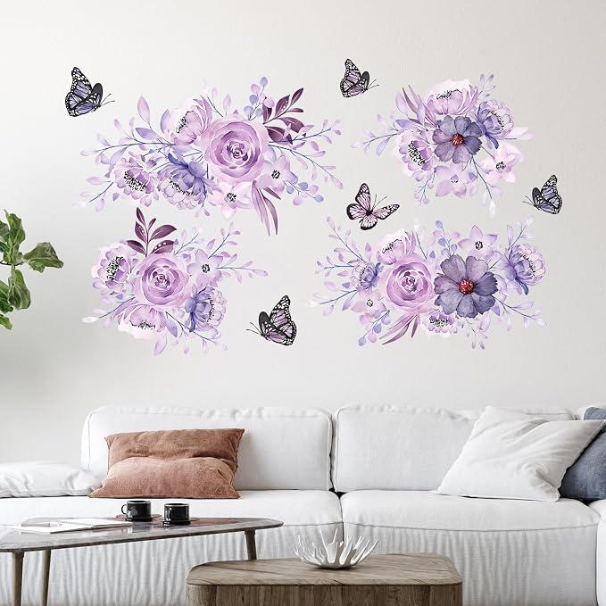 Zonon 6 Pcs Flower Wall Decals Peel and Stick Sticker, Flower and Butterfly | Vinyl Removable Wall Stickers & Mural, Rose and Butterfly Wall Decals, Purple Floral Decor for Bedroom, Living Room - Image 5