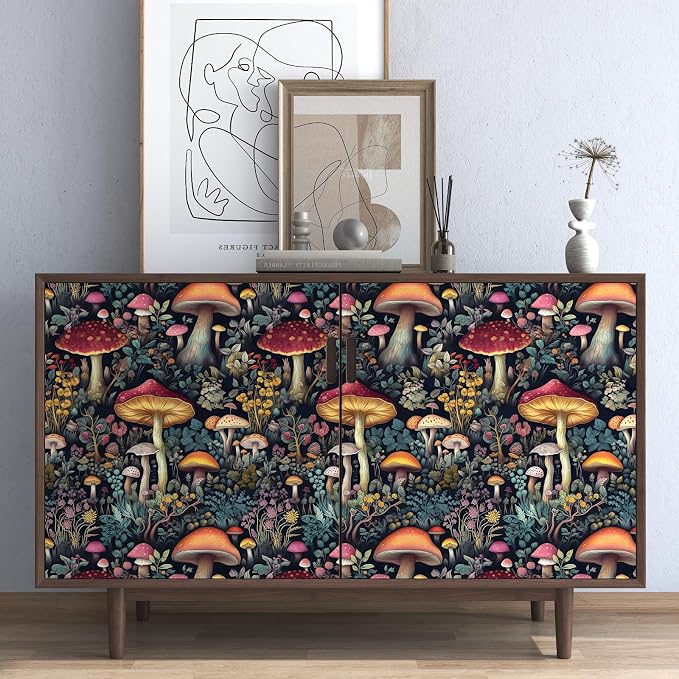 BOKEBEVE Mushoroom Wallpaper Peel and Stick Boho Black Red 17.5 x787In | Super Long Removable Renter Friendly Vintage Floral Wall Paper for Bedroom Bathroom Living Room Feature Accent Wall - Image 4