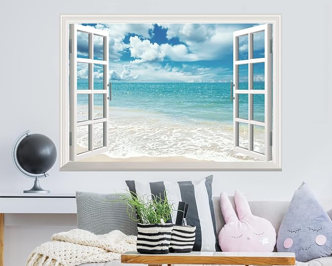 FLFK Fake Window Wall Sticker - Summer Beach 48"x32" Split into 2 Pieces | Peel and Stick Faux Window Wall Mural for Wall Decor - Image 4