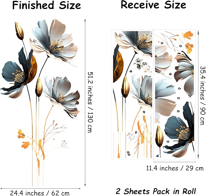 Blue & Gold Floral Wall Decal for Bedroom Living Room, Semi-Transparent Vinyl Peel and Stick Wall Sticker, Waterproof Removable Modern Flower Wall Art for White Walls - Image 3