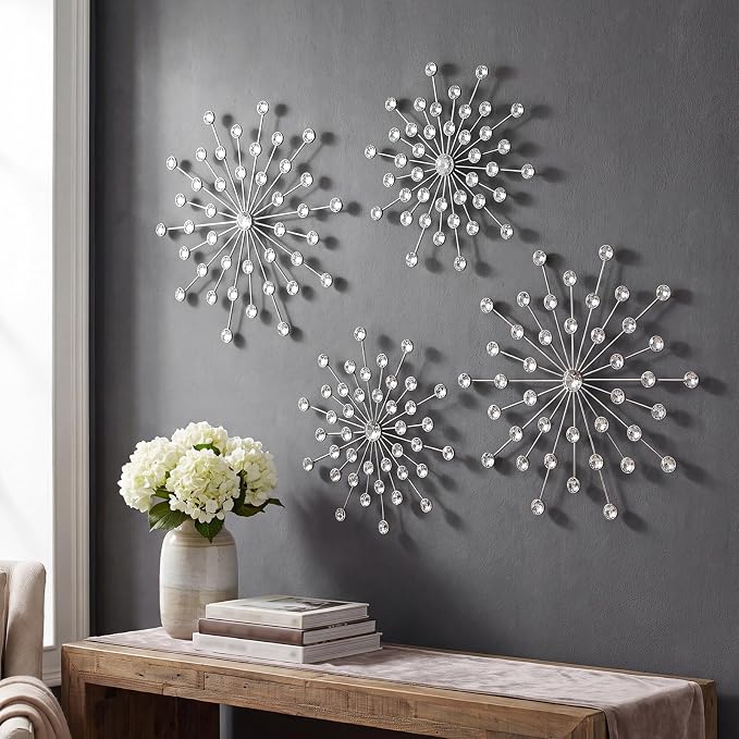 ZEXUIRU 4 Set Silver Starburst Wall Art for Home Decor Metal Bling Crystal Rhinestones Sunburst Wall Decor Sparkling Rhinestone Art Accent Silver - 13 in by ZEXUIRU