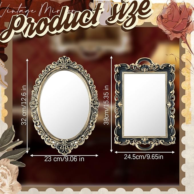 Beeveer 2 Style Vintage Mirrors Set Decorative Oval Wall Mirror Small Antique Mirrored Tray Decorative Hanging Mirror for Bathroom Bedroom Jewelry Organizer Victorian Decor (Square,Antique Gold) - Image 2