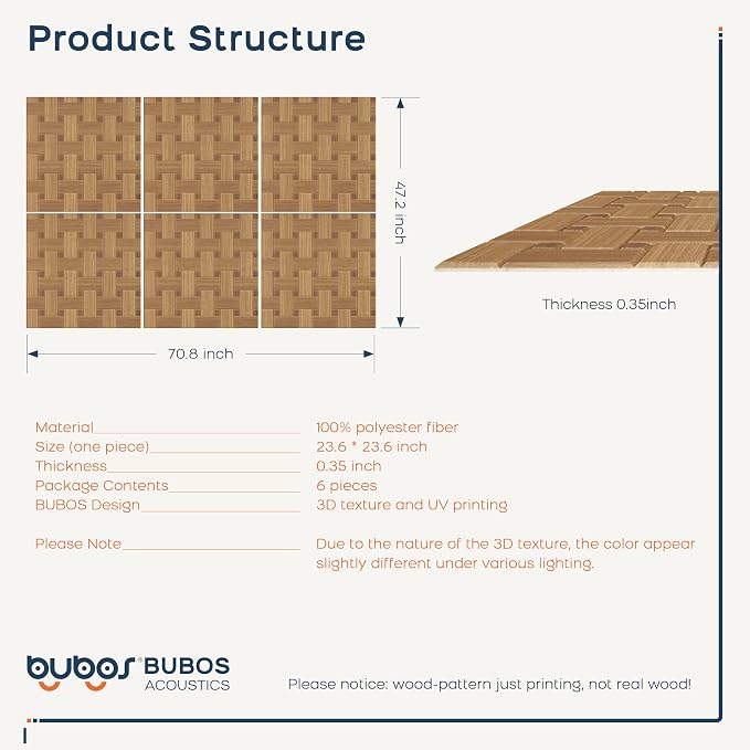 BUBOS 6 Pack Wood Wall Panel,23.6"x23.6" Peel and Stick Faux Acousitc Panel | Luxury Mocha Woodgrain Textured Panel for Wall & Home Decor - Self Adhesive Sound Absorbing for Studio,Office, Living Room - Image 3