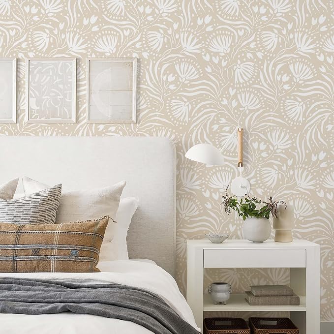 Ismoon Boho Peel and Stick Wallpaper Beige Floral Contact Paper Boho Stick on Wall Paper Textured Removable Self Adhesive Vinyl Wallpaper for Bedroom Bahtroom Wall Decor 17.3x385in - Image 2