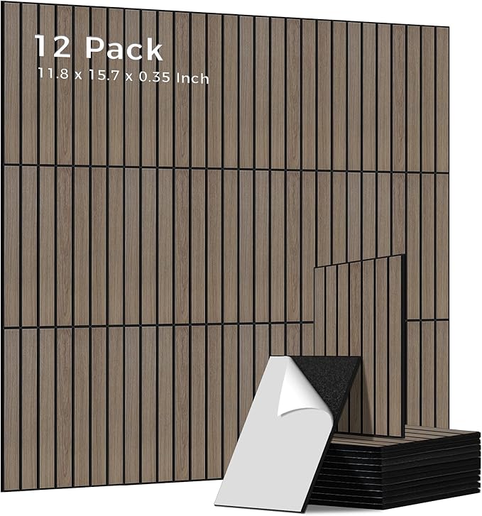 Acoustic Wall Panels, 12 Pack 11.8”x15.7”x0.35”,Rustic Walnut | Simulated PVC Wood Grain Finish,Self Adhesive Wall Panels,100% Polyester Fiber Noise Canceling Panels,Sound Proofing Panels by AUTORIFIC