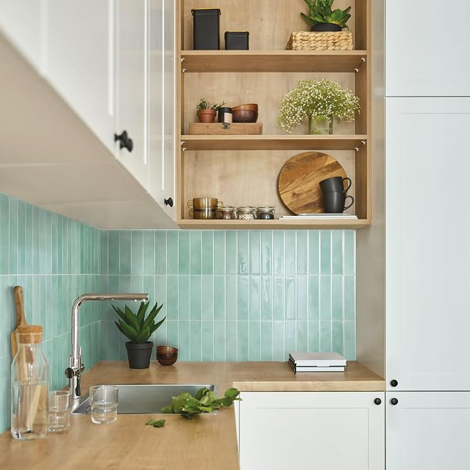 Smart Tiles Peel and Stick backsplash, Stacked Teal, 11.43"x9" | Pack of 5 (3.5 sq ft), Glossy, Heat/Moisture Resistant, Low VOC, Kitchen/Bathroom, Renter Friendly, Made in Canada - Image 2