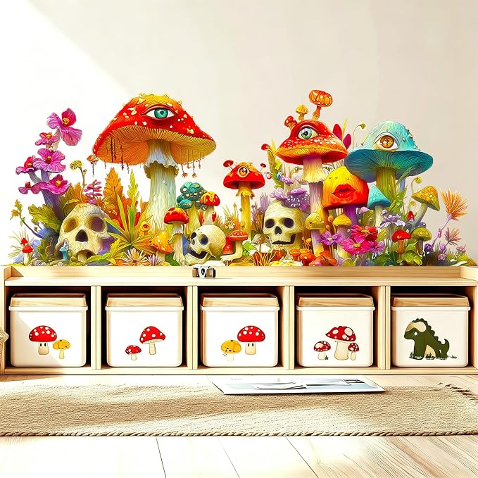 Psychedelic Skull Magic Mushroom Wall Decals, Floral Flower Wall Stickers | Hippie skull peel and stick removable flowers vinyl wall decor mural art for bedroom living room classroom office - Image 5