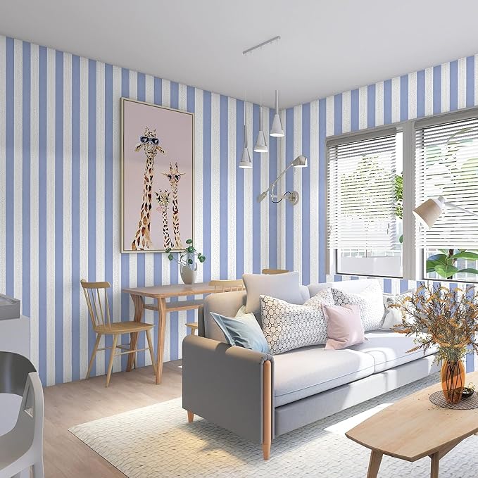Blue Stripe Peel and Stick Wallpaper 15.7" x 236" | Blue and White Striped Boho Self-Adhesive Contact Paper Removable Waterproof Wallpaper for Bedroom,Cabinets,Drawer Liners - Image 6