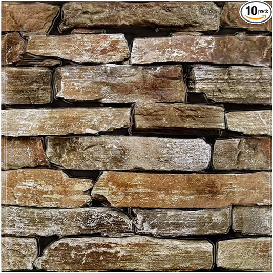 Commomy 3D Faux Stone Wall Panels Peel and Stick 10 Pcs 11.8" x 11.8" | Ultralight Thin PVC Fake Rock Wallpaper DIY Wall Covering Decorative Tiles for Kitchen Backsplash,Bedroom (Covers 9.7 sq.ft) by CommomyDecor
