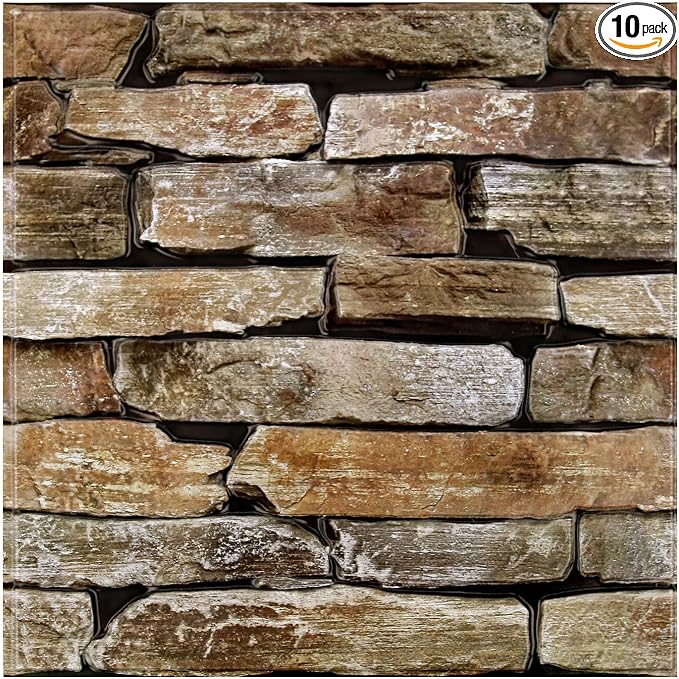 3D Peel and Stick Faux Stone Wall Panels 11.8" x 11.8" 10-Pack | Brown with Green, Stone-Look Textured Wall Sticker, Thin PVC Self Adhesive Wall Tiles for Interior Decor, Cover 9.7 sq ft by SMOOSTIKCDECOR