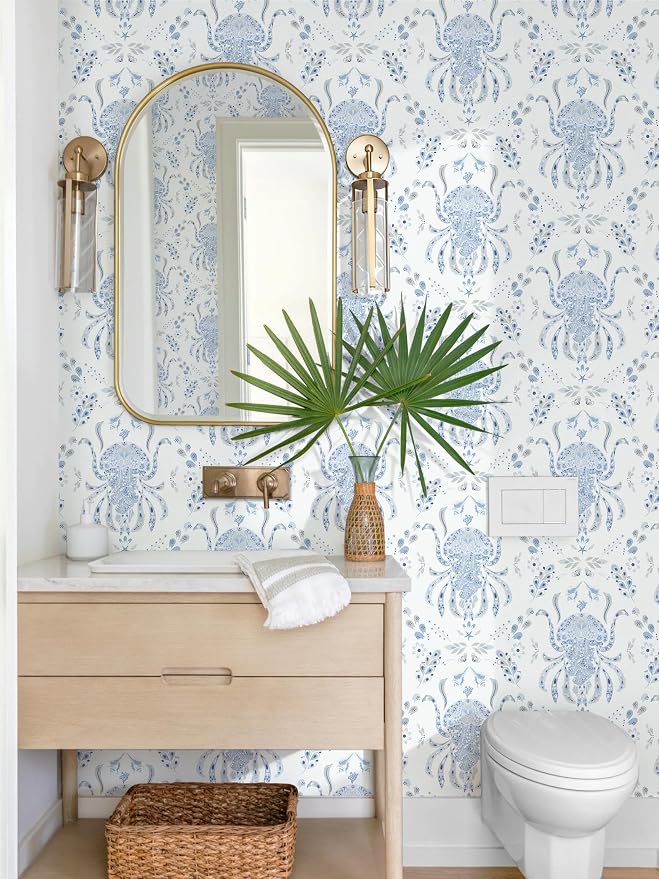 Dimoon Blue Peel and Stick Wallpaper Coastal Contact Paper Bathroom Ocean Beach Wallpaper Boho Jellyfish Renter Friendly Nautical Waterproof for Nursery Kitchen Bedroom Vinyl 17.3''x197'' - Image 3