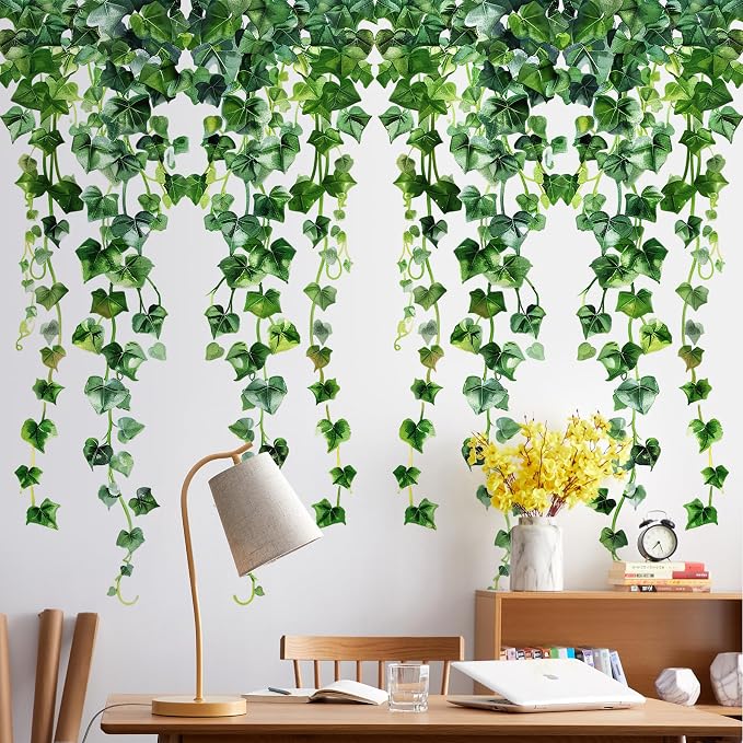 Green Plants Leaves Wall Decals Hanging Vine Wall Stickers Fresh Green Leaf Wall Art Removable Nature Botanical Vine Branches Leaves Murals for Kids Bedroom TV Background Home Decor 91 by DTLIFEK