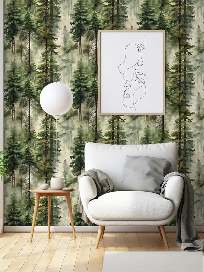 HAOKHOME Forest Peel and Stick Wallpaper Tree Green Woodland Contact Paper | Textured Removable Wall Paper Nature Landscape Mountain Botanical Waterproof Cabinet Shelf Liner Bathroom 17.3in x 6.6ft - Image 2