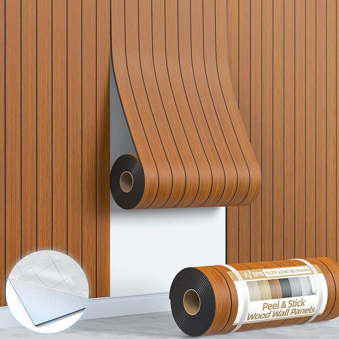 Peel and Stick Wood Slat Wall Panel 3D PVC Faux Walnut Wood Grain Wallpaper | 15.75"x236" Soundproof Wall Panels with Self Adhesive, Wall Coverning for Accent Walls Ceiling Bedroom Bathroom Kitchen Decor by NEPIS