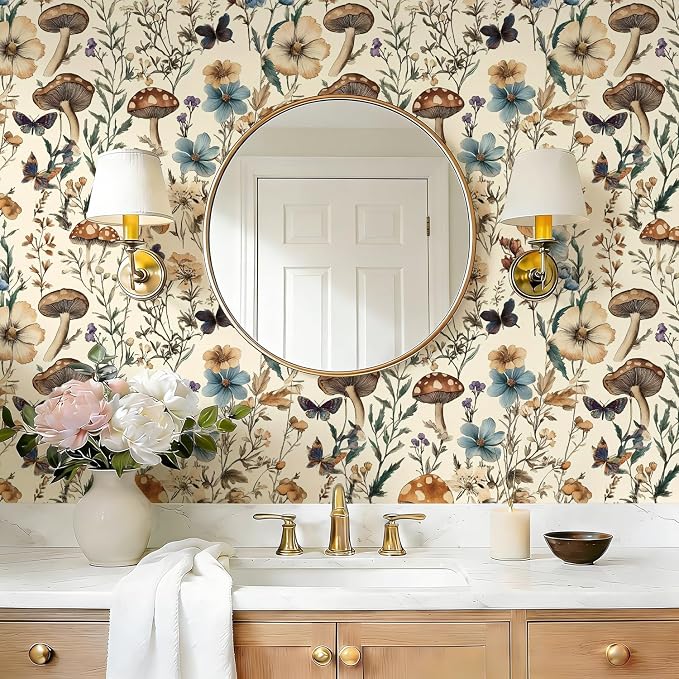 Froluya Mushroom Wallpaper Peel and Stick Vintage Floral 16.9" x 590.5" | Boho Floral Contact Paper Peel and Stick Mushroom Forest Self Adhesive Removable Wall Paper for Bathroom Cabinets Liner Vinyl - Image 6
