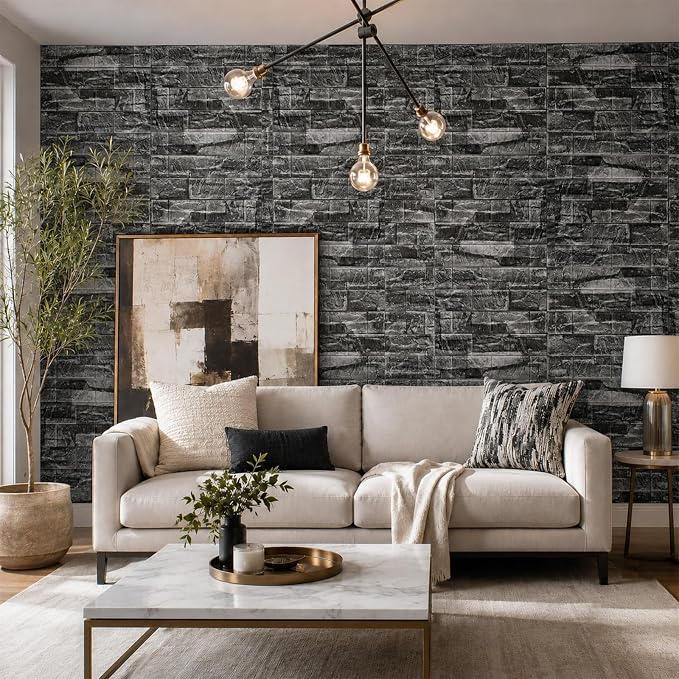 3D Wall Panels Peel and Stick Faux Foam Brick Wallpaper Covering | Rock Black 40 PCS 11.8"×11.8" Self Adhesive Stone Wall Tiles for DIY Interior Wall Decor - Image 4