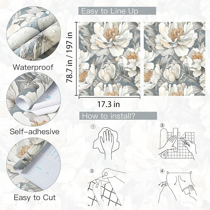 Safiyya Peel and Stick Wallpaper Grey and White Floral Contact Paper Peel and Stick 17.3"x 197" Wall Paper Self Adhesive Removable Wallpaper for Bedroom Bathroom Vinyl Roll - Image 7