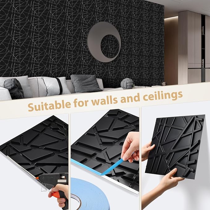 Heikki 30 Pack 3D Wall Panel for Interior Wall Décor, PVC Flower Textured Wall Panels for Living Room Bedroom Hotel Office, 11.8"x11.8", Double-Sided Tape (Black-SZ) - Image 3