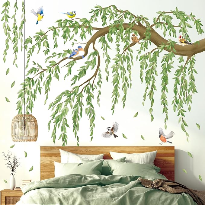 DECOWALL Large Green Leaf Willow Branch Wall Stickers Decals (SG4-2521) | Watercolor willow scene with songbirds and cascading leaves; peel and stick, removable nursery, bedroom and living room decor by DECOWALL