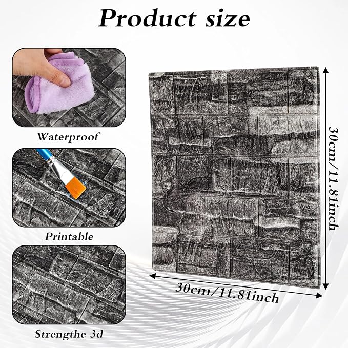 40pcs 3D Wall Panels 11.8x11.8 Inch Peel and Stick Foam Brick Wallpaper, Black Self Adhesive Tiles Waterproof Decorative Wall Panel for DIY Interior Wall Decor, Faux Rock Wall Panels | Practical and Reliable Easy Installation - Image 2