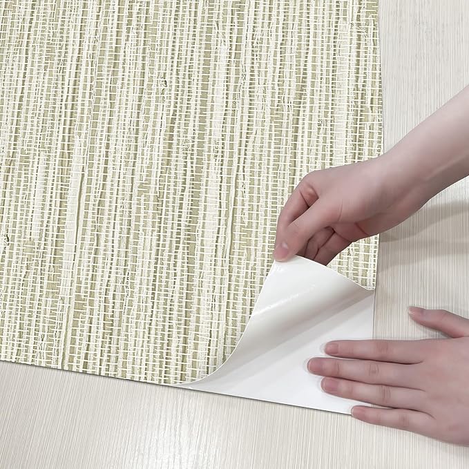 HueBurst Grasscloth Peel and Stick Wallpaper - 17.3x394 Renter Friendly, Cream Textured Grassweave Wallpaper Prepasted Contact Wall Paper - Image 7