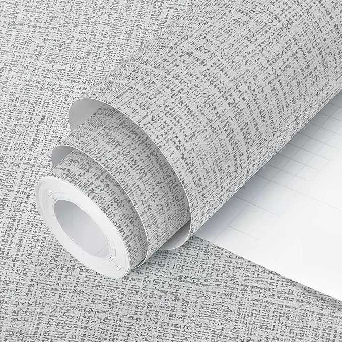 Grey Grasscloth Peel and Stick Wallpaper Fabric Paper 17.7in x 197in | Faux Linen Vintage Wallpaper Textured Removable Wall Paper Grass Cloth Cabinets Bedroom for Cabinet Self Adhesive Vinyl by lenify