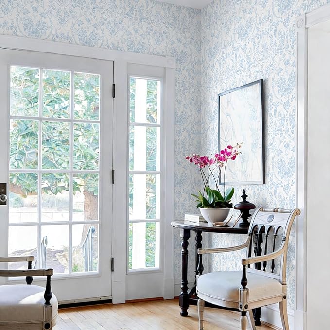 Peel and Stick Wallpaper for Bedroom Blue and White Damask Waterproof | 78.7"×17.3" Blue Modern Damask Watercolor Wallpaper Vintage Accent Wall Decor with Grid Lines for Bathroom Self-adhesive - Image 2