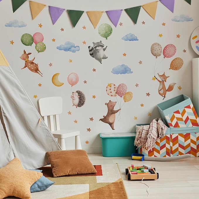 Watercolor Jungle Animal Wall Decal, Removable Nursery Woodland Animals,Cloud,Stars,Balloon Wall Stickers for Kids Boys and Girls Room, Bedroom & Toddler Room Decor (Balloon Animal Decals 84) - Image 6