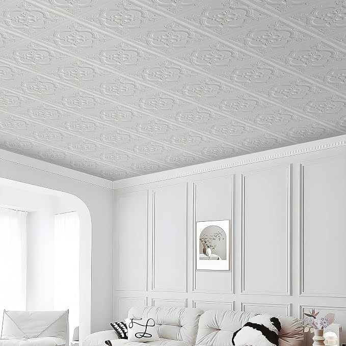 Ceiling Tiles Peel and Stick Foam, 3D Wall Panels 16 Pcs Covered 21 Sq.Ft | Peel and Stick Floral Look, Easy to Install and Cut for Ceiling and Interior Wall Decor, Plain White（13.8 x 13.8 inch） - Image 4