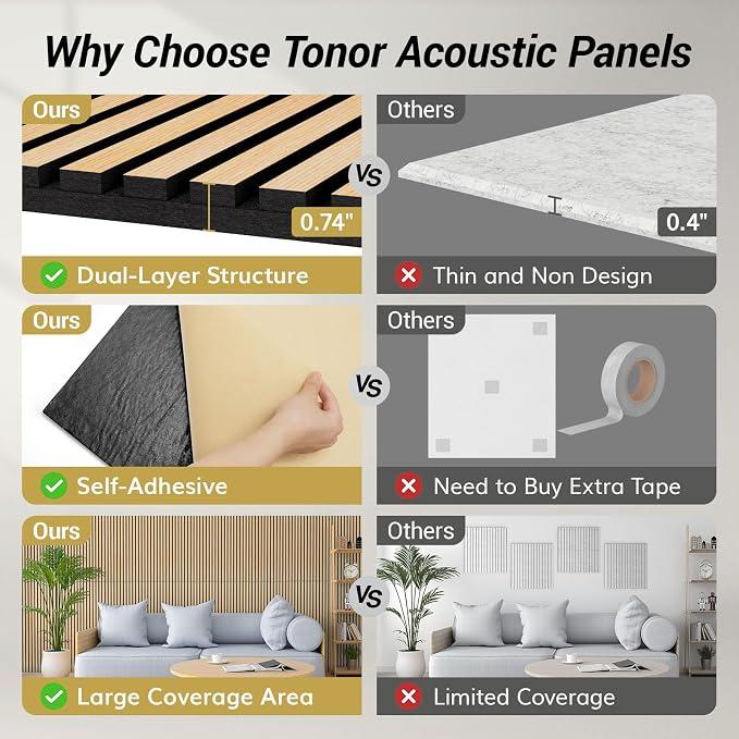 TONOR Dual-Layer Thickened Acoustic Wall Panels Self Adhesive, 4 Pack 47.2"x23.6"x0.72" High Density Large Sound Proof Panels for Walls, Peel and Stick Wall Panels for Interior Wall Décor, Oak - Image 3