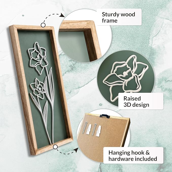 Tide and Tales Floral 3D Green Wall Art, Botanical Wall Decor, Set of 2 | 7" x 16", Lightweight, Framed Ready-to-Hang, Bathroom Wall Decor, Bedroom, Living Room or Office, Boho, Farmhouse, Gift-Boxed - Image 5