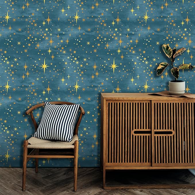 Navy Peel and Stick Wallpaper Gold Star Self Adhesive Contact Paper Sticker | Removable vinyl film, golden star wall stickers, retro starburst ceiling decor, art murals, for cabinets bedroom living room by Easma