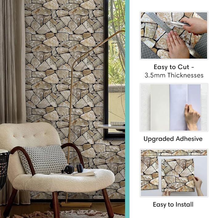 Commomy Faux Stone Peel and Stick 3D Wall Panels 10 Pcs 11.8" x 11.8" | Ultralight Thin PVC Printable Faux Rock Wall Covering Decorative Tiles for Living Room,Fireplace(Covers 9.7 sq.ft) - Image 5