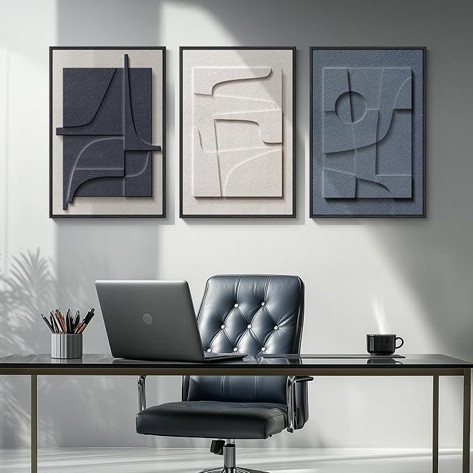 3D Textured Framed Blue and White Abstract Wall Art Set, 3 Piece, 16x24 In | Solid wood frames, raised geometric reliefs, navy blue and ivory tones, modern decor for bedroom living room dining room - Image 5